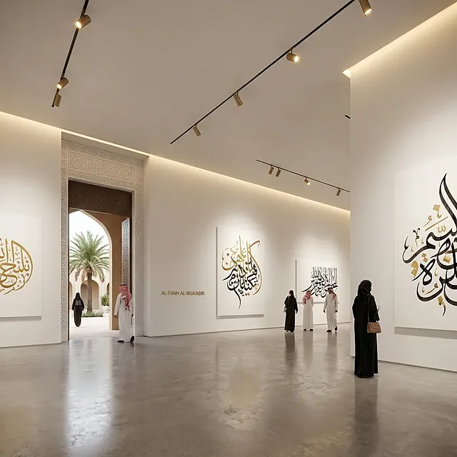 Bright white gallery hall with large Arabic calligraphy works and a few visitors
