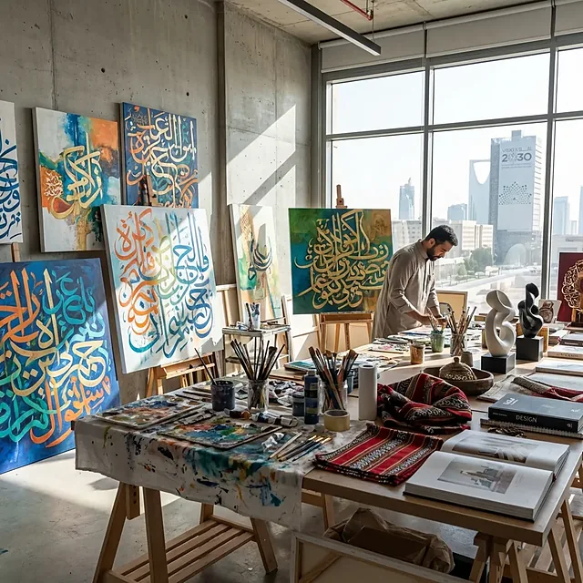 Artist's studio with colourful calligraphy canvases, paint tables and a view over the city