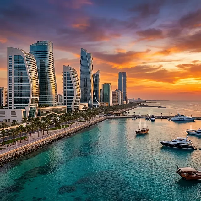 Waterfront skyline at sunset with yachts moored in a marina