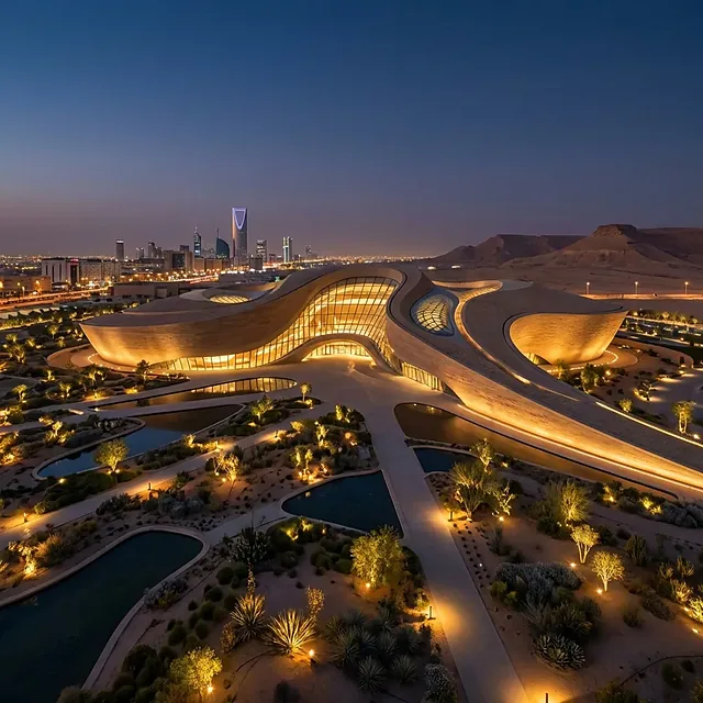 Modern museum with curved, lit roofs in landscaped gardens at dusk, a city skyline behind