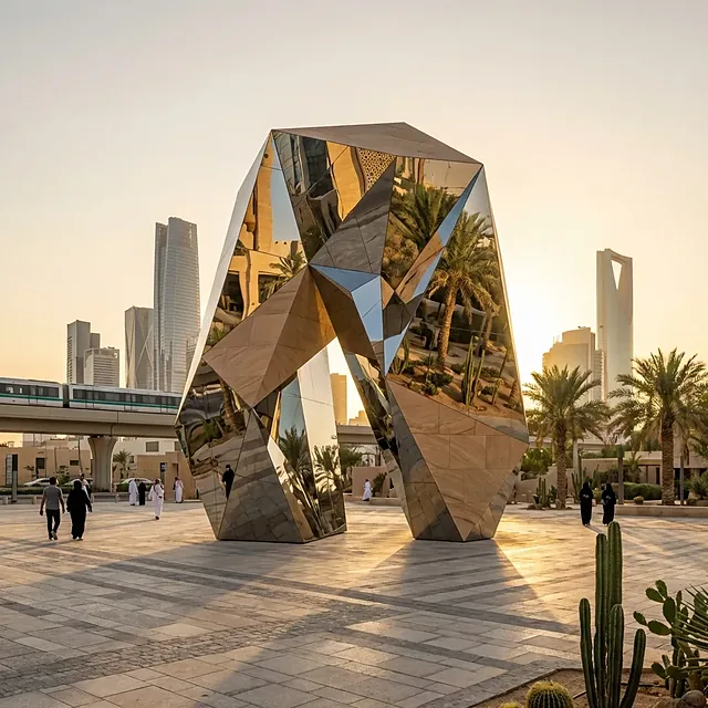 Large mirrored sculpture on a palm-lined plaza with office towers behind