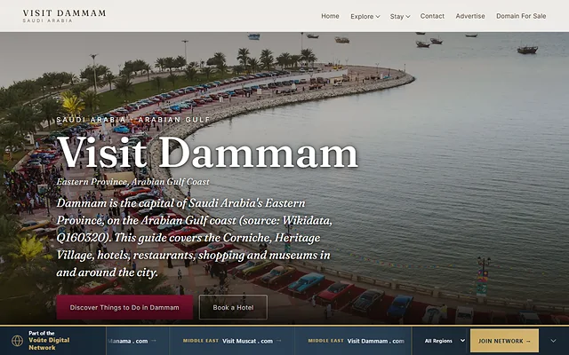 Homepage of visitdammam.com, a travel guide to Dammam run by the owner